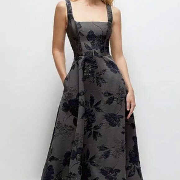 Dessy Metallic Floral Jacquard Square Neck Midi Dress 3172NGM - Picture 1 of 5